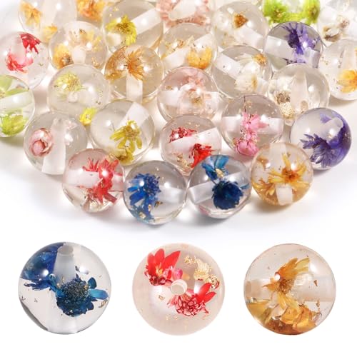 15Pcs Resin Beads Round 16mm Dried Flowers Mixed Colors Fit for DIY Jewelry Bracelet Necklace Keychain Beadable Pens Mobile Phone Chain Making Cute (Flower-Mixed Color) - color: Flower-Mixed color
