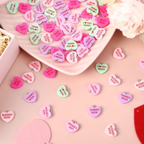 Augshy 64 Pcs Mother's Day Charms Resin Heart Charm Beads Love Mama Ornament Blessed Mom Pendant for DIY Bracelet Necklace Jewelry Making - style: Mother's Day Style