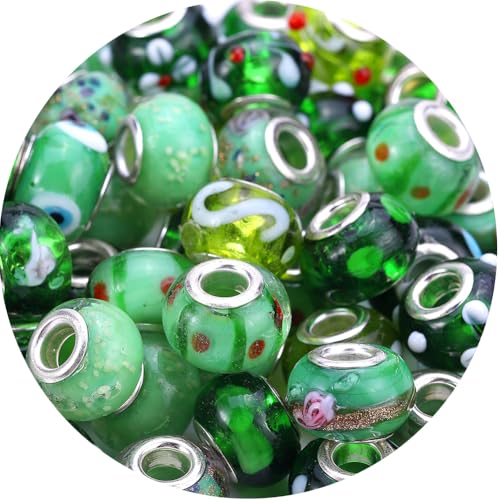 AIPRIDY 50Pcs 15x11mm Murano Large Hole Glass Beads with Silver Brass Cores European Beads for Jewelry Making (Green) - color: Green