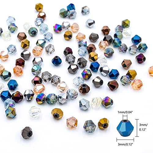 3000pcs 3mm Bicone Crystal Beads, Bulk Small Faceted Bicone Glass Beads for Jewelry Making DIY Craft Bracelet Necklace Earring with Container Box (15 Plated Metallic Colors) - size: 3mm