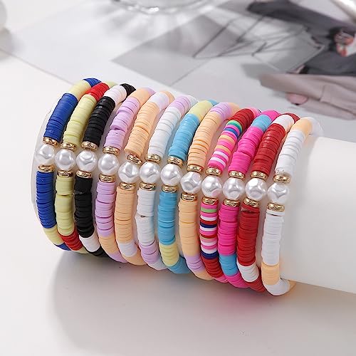 COLORFUL BLING 5-12Pcs Bohemian Love Heart Bead Bracelets for Women Vinyl Disc Heishi Surfer Stackable Stretch Bracelet Summer Beach Boho Jewelry - color: 12pcs pearl
