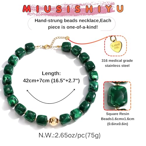 Chunky Necklaces for Women, Trendy Colorful Square Acrylic Resin Beads Statement Choker Necklace, Lightweight Boho Summer Beach Vacation Jewelry - color: Malachite Green color