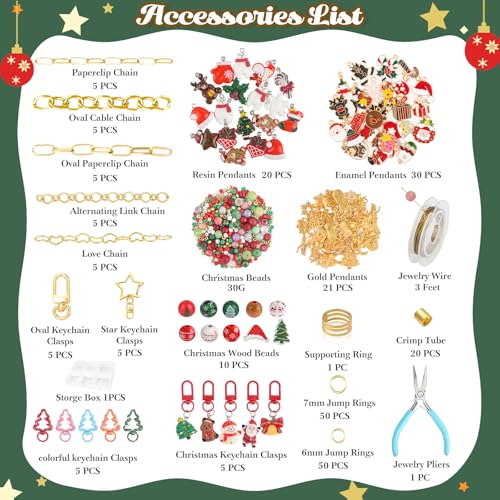 Ecoofor 251 Pcs Christmas Keychain Making Kit for Adults — Includes 20 Keychain Clips, 25 Extender Chains, 81 Charms, Beading Accessories, Jewelry Pliers — DIY Bag Charms & Jewelry Craft Kit - color: Christmas Joy Set