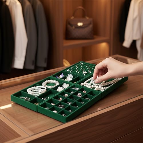 Dimeho Set of 8 Stackable Jewelry Trays Velvet Jewelry Organizer Display Case Storage Drawer Inserts Jewlery Container for Necklace Bracelet Rings Watch Earrings (Green)