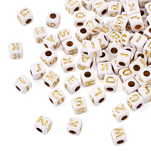 FASHEWELRY 500Pcs White Acrylic Cube Letter Beads 4.5x4.5x4.5mm Golden Alphabet A-Z Spacer Beads for DIY Bracelet Necklace Jewelry Making - color: White Golden-500Pcs, size: 4.5x4.5x4.5mm