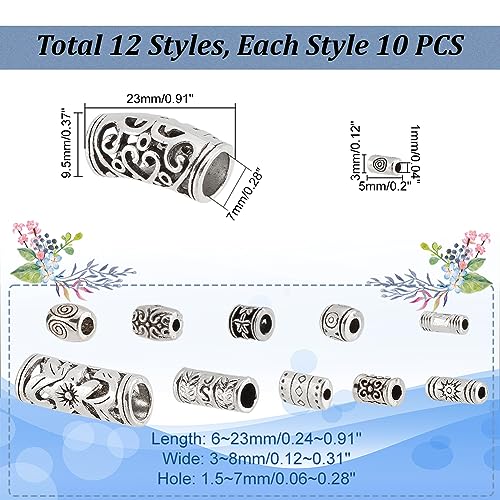 PH PandaHall 120Pcs Tibetan Silver Beads, 12 Style Large Hole Spacer Beads, Alloy Charms Assorted Column for Jewelry Making Crafts DIY