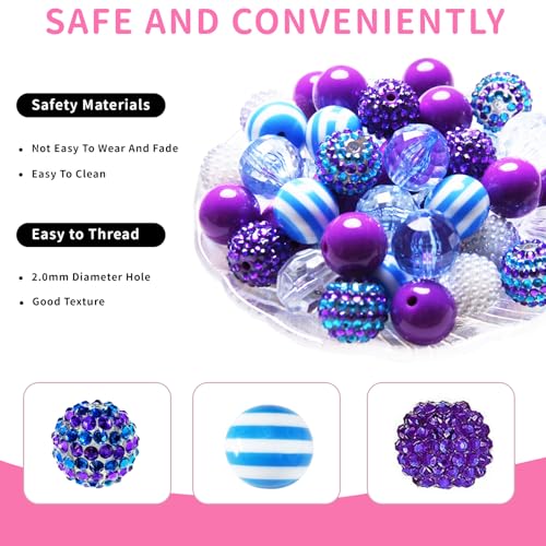 48 Pcs 20mm Beads for Pens Rhinestone Bubblegum Beads Blue Purple Crystal Acrylic Round Chunky Bead Sparkly Craft Large Balls Bead for Pen Beadable Keychain Bracelet DIY Jewelry Making Supplies - color: Light Blue