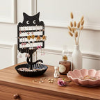 Cat Earring Holder Organizer Stand, Black Metal Jewelry Display Rack with Multiple Holes Hooks for Studs, Hoops, Necklaces, Bracelets, Rings, Cute Cat-Shaped Vanity Earring Tree for Girls
