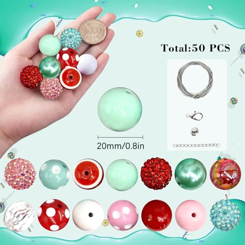 50Pcs Chunky Bubblegum Beads, 20mm Chunky Bubble Gum Beads for Adult DIY Beadable Pens Bracelets Necklaces Pearl Beaded Craft Mother's Day Jewelry Making (Red&Teal) - color: Red+Pink+Green