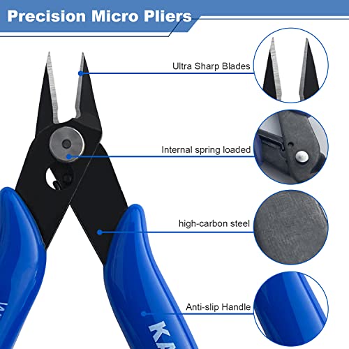KAIHAOWIN Micro Wire Cutters with Spring, 2 Pack, 5 inch Precision Mini Flush Cutters Bulk, Nippers, Flush Cutting Pliers, Wire Snips, Small Side Cutters for Electronics Crafts Jewelry-Blue - size: 2 Pack