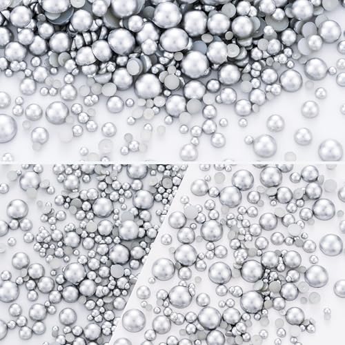 60g Antique Silver Flatback Half Round Pearls Mixed Size 3-10mm Resin Craft Beads for Nail Art, Face Gems, DIY Jewelry Making - color: Antique Silver, size: 60g