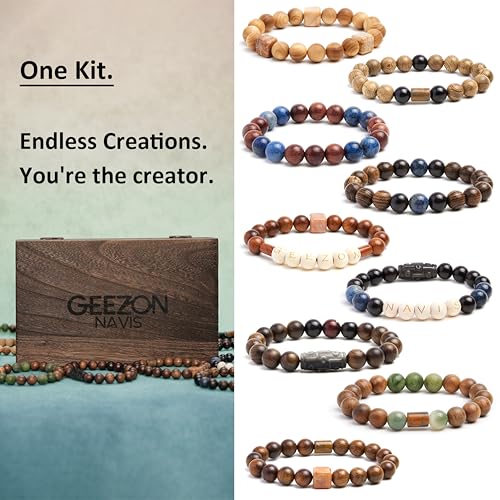 Geezon Navis Bracelet Making Kit - 10mm Natural Wooden Beads with Letters & Stone Beads - 296pcs in 16 Colors - DIY Jewelry Making Starter Kit Adult Men Women Birthday Mothers Day Gift Craft