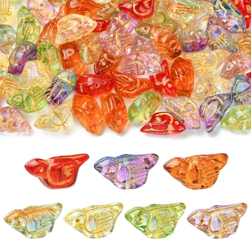 Stiesy Handmade Lampwork Bird Beads 70Pcs, 7 Colors Golden Metal Enlaced Styles Animal Lampwork Glass Beads Bulk for DIY Jewelry Making Necklace Bracelet Earring Keychain Craft 22x11.5mm - color: Bird-7 Colors-70Pcs