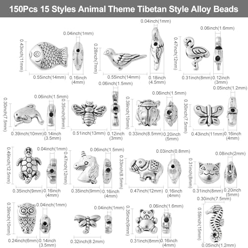 DanLingJewelry 150Pcs Mixed Styles Antique Silver Animal Spacer Beads Tibetan Style Bear Owl Cat Fish Beads for Bracelet Jewelry Craft Making - color: 150pcs - animal - 15 styles