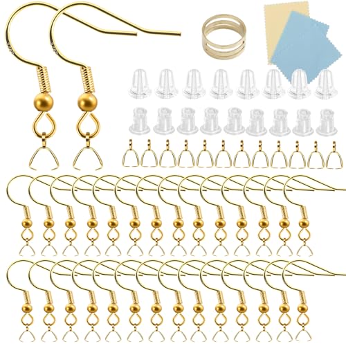XKCWXY 160Pcs 925 Gold Hypoallergenic Earring Hooks and 2 Style Clear Silicone Backs, DIY Jewelry Making Kit