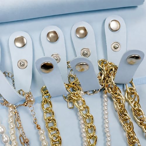 UnionPlus Travel Jewelry Roll, Faux Leather Necklaces Organizer Bag, Elastic Band and Anti-winding, Air Blue - color: Leather Air Blue, size: Medium