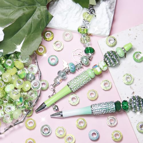 100 Pieces Large Hole Beads Spacer Bead Light Green Assorted European Craft Big Beads Large Hole Lampwork Murano Fairy Wand Garden Bead for DIY Pens Bracelet Necklace Keychain Jewelry Making Supplies - color: Light Green, size: 100 Pcs