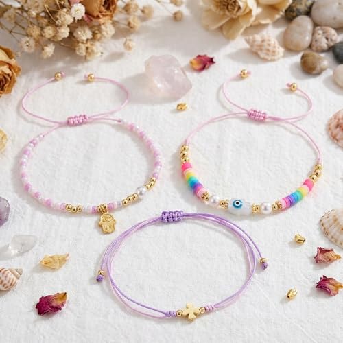 Evil Eye Heart Charm Stackable String Rope Colorful Beaded Bracelets Set For Women, Boho Handmade Adjustable Protection Lucky Gold Jewelry, Daily Party Friendship Gift - color: Purple Pink