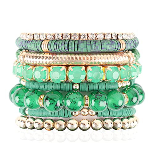RIAH FASHION Multi Color Stretch Beaded Stackable Bracelets - Layering Bead Strand Statement Wrap Bangles - color: Boho Mix - Green, size: 7.0 Inches Length