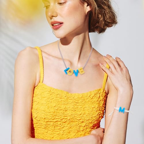 Yellow Blue Slide Letter Beads, 52Pcs Large Alphabet Bead Charm Block 3D Initial Beads with Horizontal Hole for Wristbands Bracelets Necklace Choker Jewelry Making - color: Yellow Blue, Letter A~Z