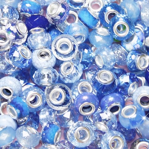 200 Pieces Large Hole Beads Spacer Bead Blue Assorted European Craft Big Beads Large Hole Lampwork Murano Fairy Wand Garden Bead for DIY Pens Charms Bracelet Necklace Keychain Jewelry Making Supplies - color: Blue, size: 200 Pcs
