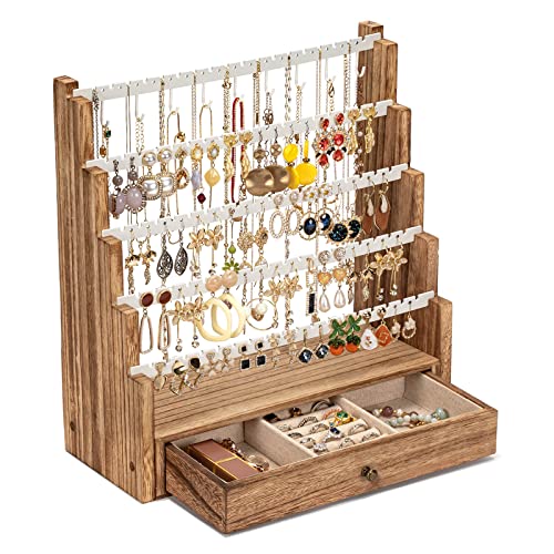 Pinzoveco Earring Organizer, 5 Layer Earring Holder Organizer with Necklace Holder Pole, Rustic Wood Jewelry Organizer Stand Display for Stud Earring Bracelet Necklace Ring, 175 Earring Holes - color: White Rod