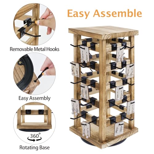 Ikee Design Wood Rotating Jewelry Display, Removable 42 Hooks Earring Display Stand, 5 Bars Earring Organizer Stand, Oak Color - color: 4 side, Oak, 42 hooks