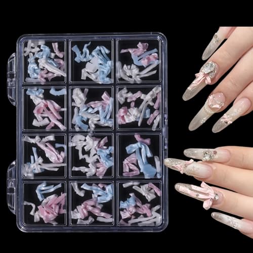 12 Grids Pink & Blue Mixed Ribbon Bow Nail Charms - Fresh Pastel Resin Bow Nail Decorations, Two-Tone Bow Nail Gems for Acrylic/Gel Nails DIY Manicure