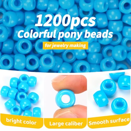 1200pcs Pony Beads Bulk – Light Blue 6x9mm Plastic Craft Beads for Bracelets, Jewelry, Hair Braiding & DIY Projects - color: Light Blue