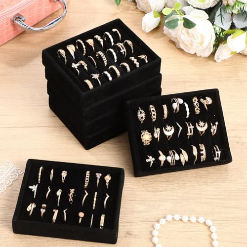 6 Pcs Small Jewelry Tray-ring Organizer Velvet Rings Earring Display Tray Mini Storage Insert Holder 7 Slots for Drawer (Black) - color: Black