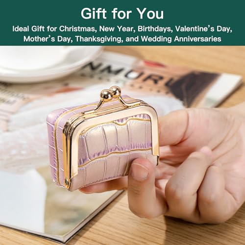 Mini Travel Jewelry Box Organizer with Crocodile Pattern, Premium Cowhide Leather, Rose Gold Kiss-Lock Clasp, Portable Storage Case, 2.56 x 1.77 x 1.38 Inches (Light purple, S) - color: Light purple