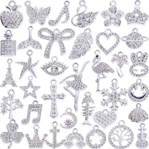 Silver-Tone Rhinestone Charms Set for DIY Jewelry Making - 36 PCS Assorted Metal Pendants for Bracelets, Necklaces, Earrings, Keychains - Elegant Craft Supplies, Gift Ideas for Jewelry Lovers - color: White