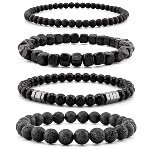 Men’s Hematite Bracelet Set Boho Multi - Tiger Eye/Matte Agate/Lava Rock Gifts for Birthday/Anniversary/Christmas - color: F03 Black Agate