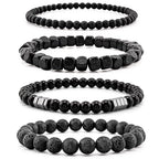 Men’s Hematite Bracelet Set Boho Multi - Tiger Eye/Matte Agate/Lava Rock Gifts for Birthday/Anniversary/Christmas - color: F03 Black Agate