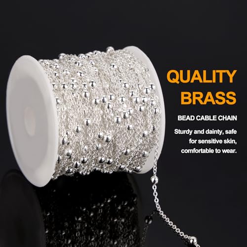 KYUNHOO 32.8 Feet Beaded Chain for Jewelry Making Thin Cable Chains Bulk Silver Jewelry Supplies for Women Men DIY Handcrafts with Lobster Clasps Jump Rings - color: Bead Silver