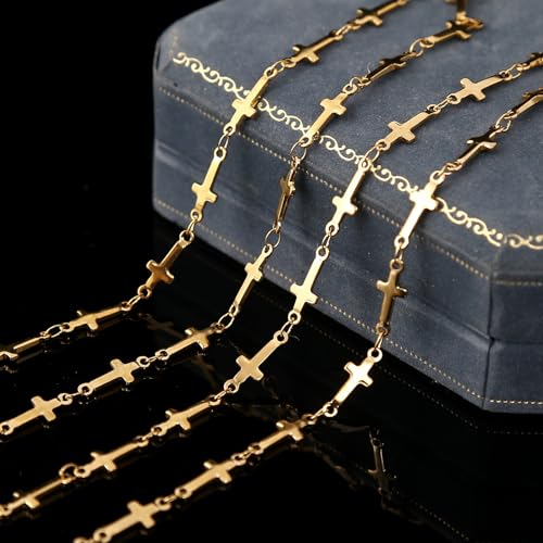 5 Meters Stainless Steel Cross Link Chains in Bulk for DIY Men Women Jewelry Making with Lobster Clasps, Jump Rings (Gold) - color: gold
