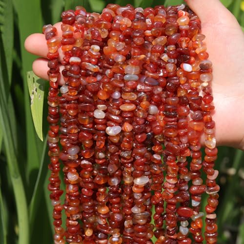 400pcs Natural Chip Stone Beads for Jewelry Making Red Agate 5-8mm Irregular Gemstones Healing Crystal Loose Rocks Bead Hole Drilled for Ring Earrings Necklace Bracelet Making DIY Art Crafts - color: Red agate(2 Strands-62")