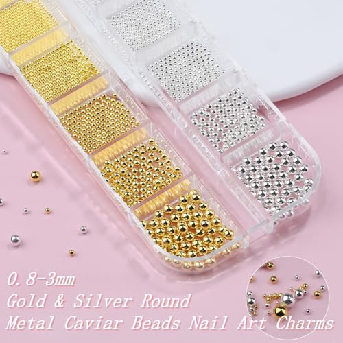 3D Mini Small Metal Stainless Steel Caviar Nail Beads Balls, 0.8-3mm Gold Silver Alloy Nail Art Chain Charms Studs with Tweezers and Dual-end Brush (1-K1-metal-beads) - color: 1-K1-metal-beads