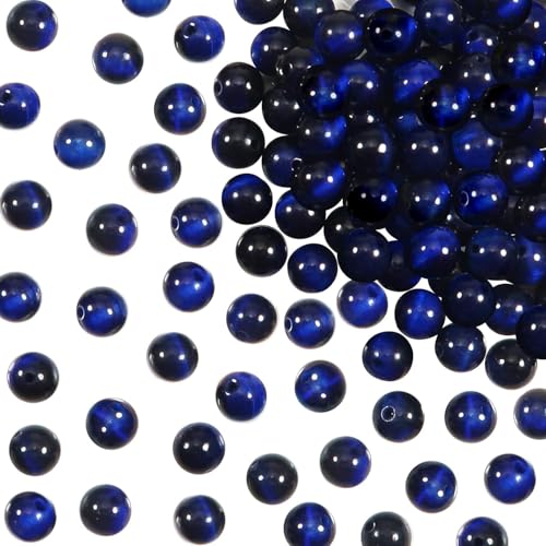 100pcs Natural Stone Beads 8mm Blue Tiger Eye Round Genuine Real Stone Beading Loose Gemstone Hole Size 1mm DIY Charm Smooth Beads for Bracelets Necklaces Earrings Jewelry Making Crafts - color: Sapphire Blue Tiger Eye
