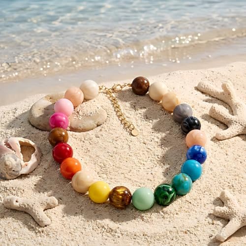 Colorful Beaded Necklace for Women, Stainless Steel Adjustable Chunky Acrylic Ball Necklace, Non Tarnish Vibrant Statement Jewelry, Summer Gift for Her