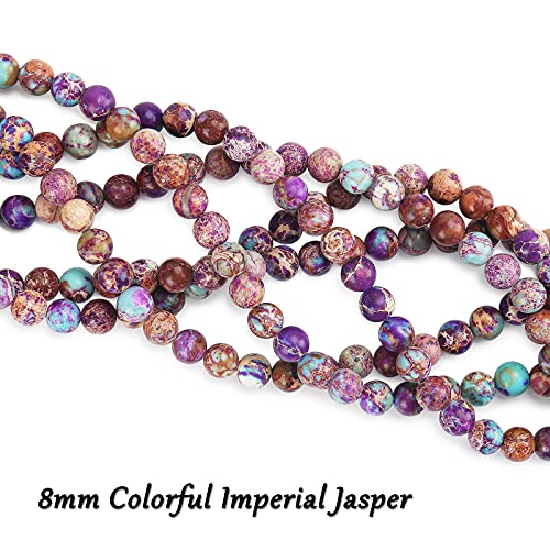 70PCS Natural 8MM Healing Gemstone Colorful Imperial Jasper Energy Stone Round Loose Beads, Semi-Precious Crystal Beads with Free Elastic String for Jewelry Making DIY - color: Colorful Imperial Jasper