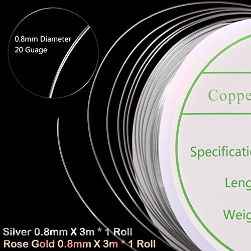 MIKIMIQI 2 Pack Jewelry Wire - 20 Gauge Tarnish Resistant Copper Beading Wire for Jewelry Making, 0.8mm X 3m Each (Silver, Rose Gold) - color: Silver,Rose Gold