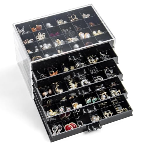 YUFONG Earring Storage Box Organizer, Acrylic Jewelry Storage Box Holder 5 Drawers Transparent Jewelry Display Stand with 120 Small Compartments Gift Boxes for Women Girls (Black) - color: Black
