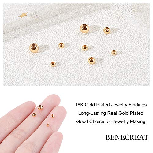 BENECREAT 200Pcs 18K Gold Plated Brass Beads Round Spacer Beads with 4 Mixed Size(0.5-1.5mm Hole) for Necklaces, Bracelets and Jewelry Making - color: Round-4 Sizes