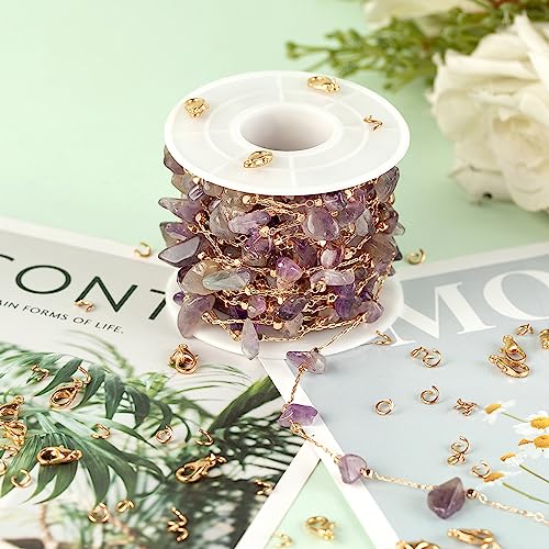 KYUNHOO 5 Meters Gold Plated Brass Chain for Jewelry Making Purple Irregular Natural Stone Crystal Necklace Chains Bulk with Jump Rings and Lobster Clasps - color: Natural Stone-Purple