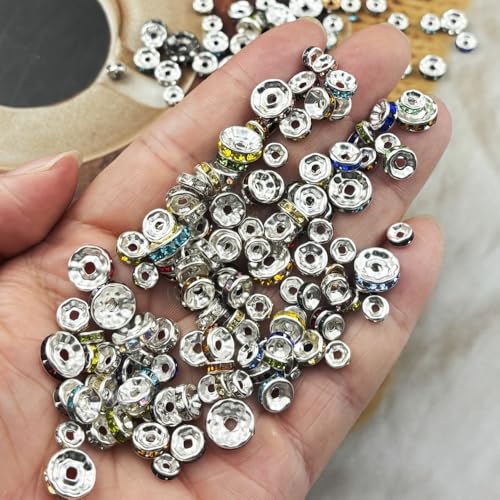 100pcs 8mm Rondelle Spacer Beads Gold Plated Crystal Rhinestone Spacer Loose Beads for Jewelry Making DIY Bracelets Necklace Earring Craft(Gold White) - color: Gold White, size: 8mm