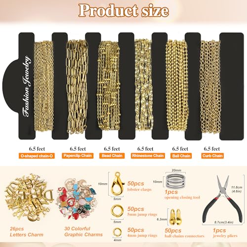 18k Gold Plated Stainless Steel Jewelry Chains Kit 39.3FT 6 Rolls Bulk (6.5FT/2M) with Letter Pendants, Colorful Charms, Pliers, Jump Rings, Lobster Clasps for DIY Necklace Bracelet Making - color: 18k Gold Plated-39.3Ft 6 Rolls