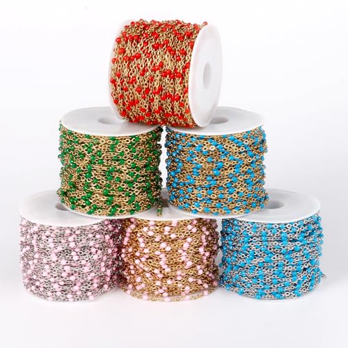33 Feet Gold Enamel Chains Bulk, 2mm 18K Gold PVD Plated 304 Stainless Steel Light Blue Enamel Beaded Cable Link Chain Roll Spool for Jewelry Making - color: Gold Light Blue Beads