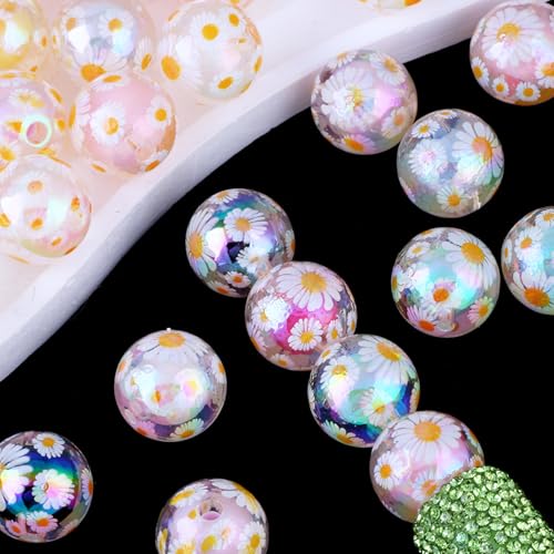 15Pcs Acrylic Beads Round 16mm UV Bead in Bead with Daisy Print Fit for DIY Jewelry Bracelet Necklace Keychain Beadable Pens Mobile Phone Chain Making Cute (Daisy-Mixed Color) - color: Daisy-Mixed color