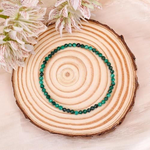 BONNY BOXX Natural Genuine Gemstone Faceted Round Beads Bracelets, 3mm Adjustable Stretchy Tiny Faceted Black Tourmaline Bracelet, Healing Crystal Reiki Chakra Dainty Jewelry Fashion Gifts - color: Malachite